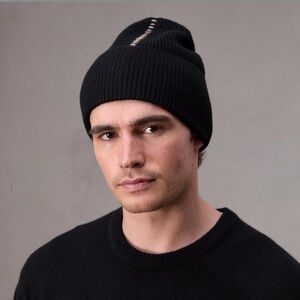 Rag & Bone Clarkson Black Wool Knit Beanie Hat with Stitching Detail Unisex NWT
